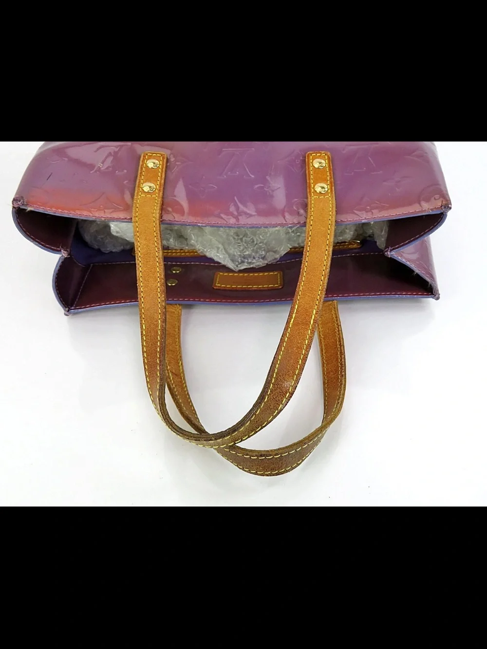Louis Vuitton Glossy Plum Vernis Tote with Tan Handles